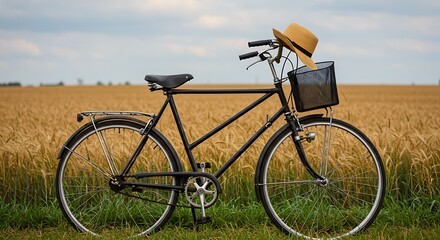 Naklejka premium Vintage Bicycle Parked in Golden Wheat Field with Straw Hat