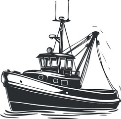 A black and white illustration of a tugboat on the water showcasing maritime industry.