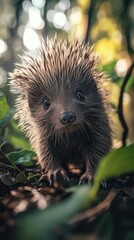 A curious young hedgehog peeks from behind lush green foliage, blending charm and nature's beauty.