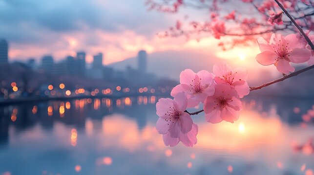 Pink Cherry Blossoms Bloom By Calm City Lake At Sunset In Soft Photo