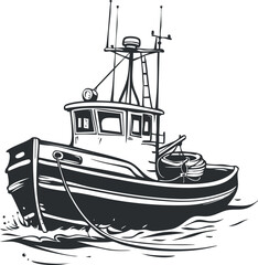 Illustration of a fishing boat navigating through ocean waves with fishing gear onboard