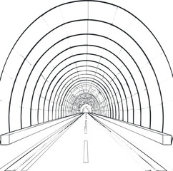 A linear black and white illustration of a tunnel with a straight road leading through it.