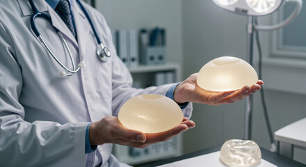 Doctor presenting silicone breast implants in medical office  