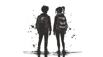 Silhouette of Two Backpackers by the Water's Edge