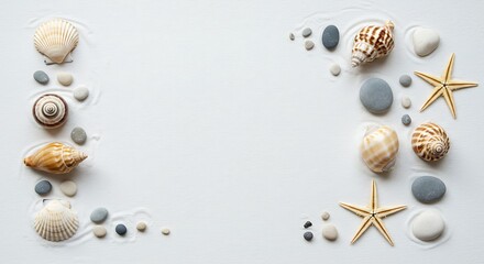 Obraz premium Seashells and Pebbles Arranged on White Sand Background