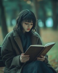 Obraz premium Young Asian woman in a cozy coat deeply engaged in reading a book outdoors amidst autumn leaves.