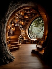 Library within a hollowed-out ancient tree, with wooden spiral staircase and glowing books. Light filters through the leaves, evoking calm and imagination—ideal for fantasy or nature-inspired designs.