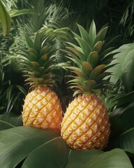 Obraz premium Two ripe pineapples nestled among lush green foliage.
