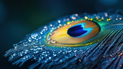 Fototapeta premium Captivating close-up of a vibrant peacock feather adorned with water droplets