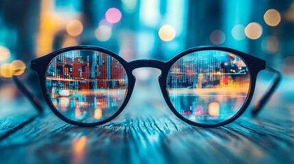 Spectacles Reflecting Vibrant Cityscape Data Analysis Technology Digital Modern Futuristic Business Innovation Financial Market Graphics Glasses Vision Future Progress Information Technology Global   