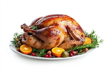 A beautifully roasted turkey garnished with herbs and citrus fruits on a white plate.
