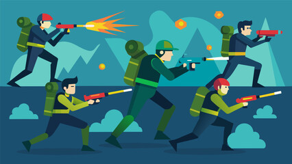 As laser guns fire and vests light up with every hit two teams showcase their speed agility and tactical skills in a laser tag competition that will. Vector illustration