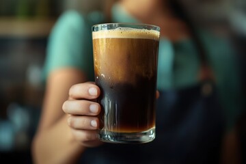 A young woman holds a frothy glass of cold brew coffee, showcasing its rich, dark layers.