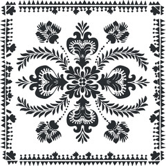 Elegant black and white floral decorative pattern with intricate designs and symmetrical motifs.