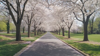 Pathway lined with cherry blossom trees arching overhead, creating a tunnel of soft pink petals