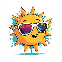 Smiling cartoon sun wearing Holi glasses