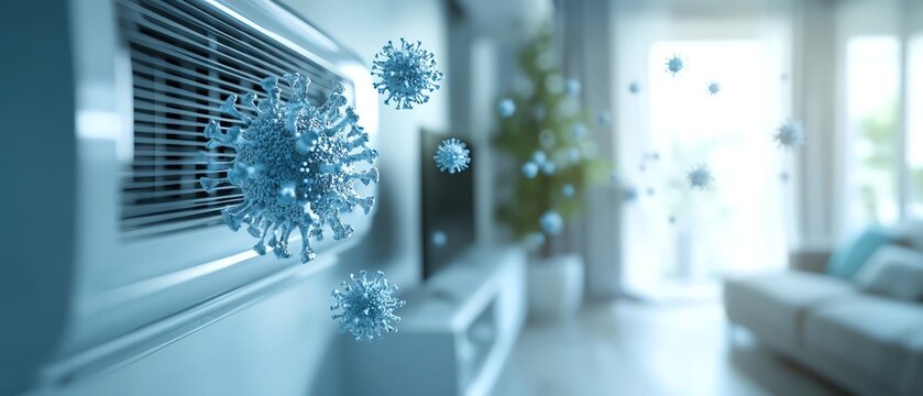 Virus particles circulating through air conditioning in bright indoor setting with macro focus