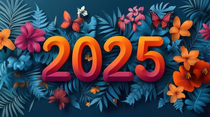 Obraz premium Tropical floral display of 2025 with vibrant colors and lush foliage background