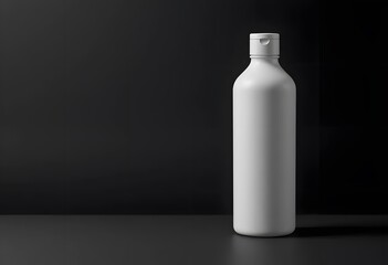 A white cylindrical bottle standing upright on a solid black background, clean and minimalistic composition
