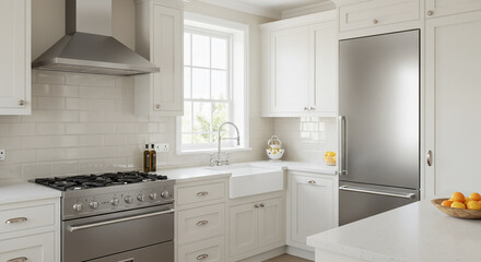 Fototapeta premium Bright Kitchen Interior Shows Stove, Sink, Refrigerator, and Cabinets Nicely