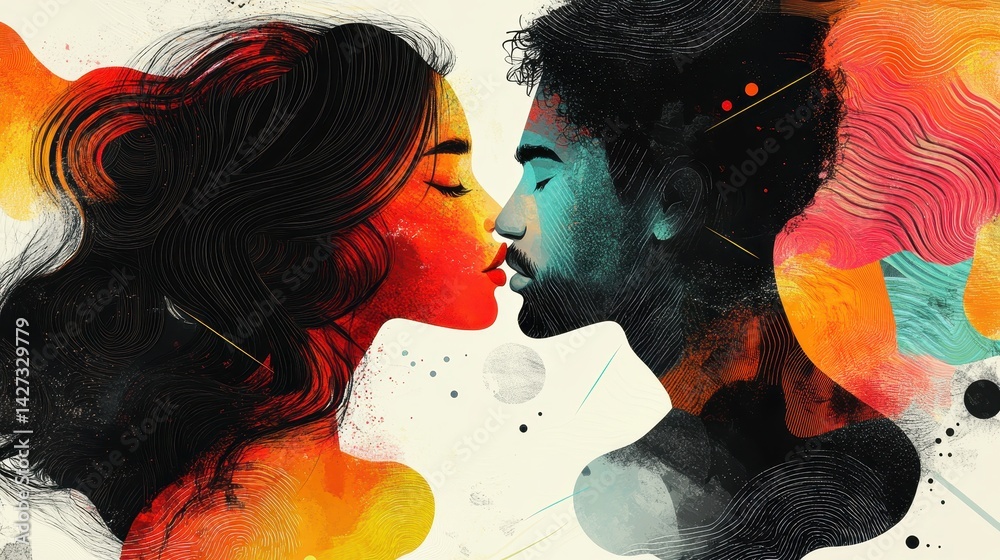Poster emotional embrace between two artistic figures showcasing love and connection in a vibrant, abstract
