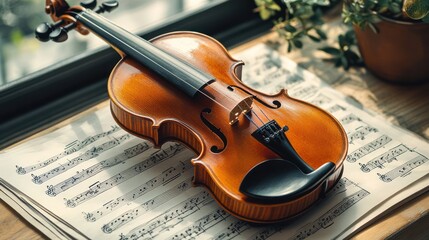Elegant violin resting on sheet music amidst soft light and greenery indoors