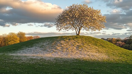 Single cherry blossom tree on a grassy hill surrounded by fallen petals, under golden sunset light