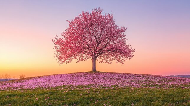 Single cherry blossom tree on a grassy hill surrounded by fallen petals, under golden sunset light