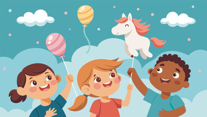 Fototapeta premium Childrens faces lit up with joy as they watched the horses flying by their tiny hands gripping onto cotton candy and balloons.. Vector illustration