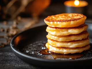 Stack of fluffy pancakes with syrup on a black plate  