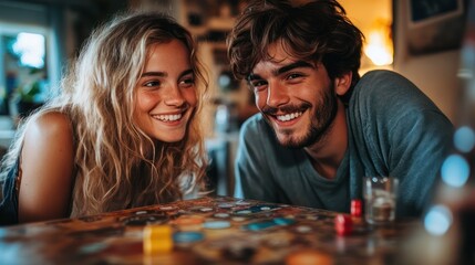 Fototapeta premium Smiling couple enjoying game night with tabletop board game in cozy home