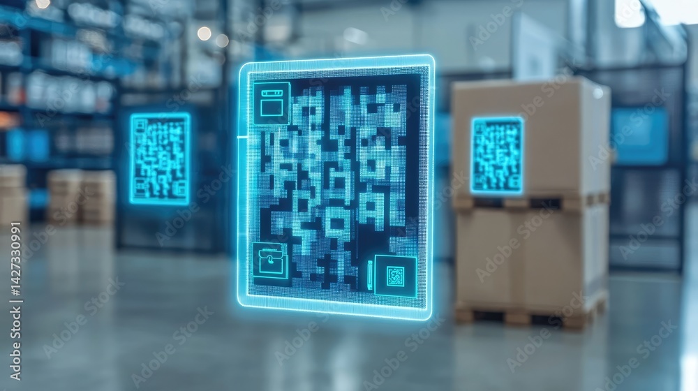 Poster qr code scanning process for mobile-based purchase on clean tech background