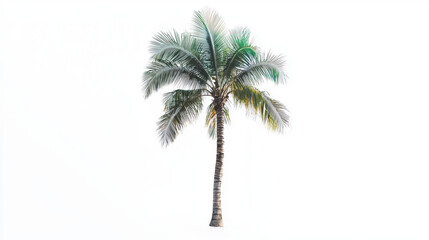 A single coconut palm tree stands tall with its green fronds gently swaying, isolated against a pristine white background, evoking a sense of tropical serenity.