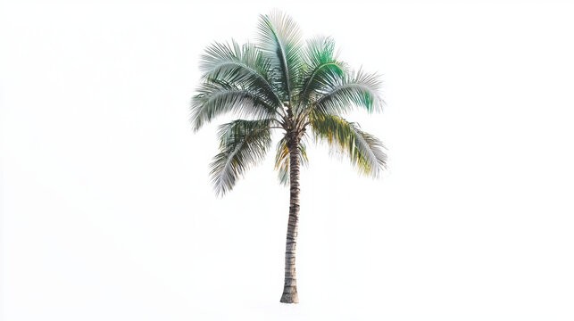 A single coconut palm tree stands tall with its green fronds gently swaying, isolated against a pristine white background, evoking a sense of tropical serenity. - Powered by Adobe