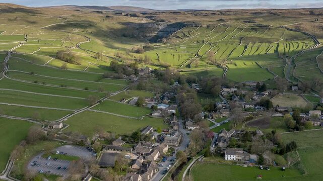 Aerial Drone Timelapse of Malham Village and Yorkshire Dales National Park in England