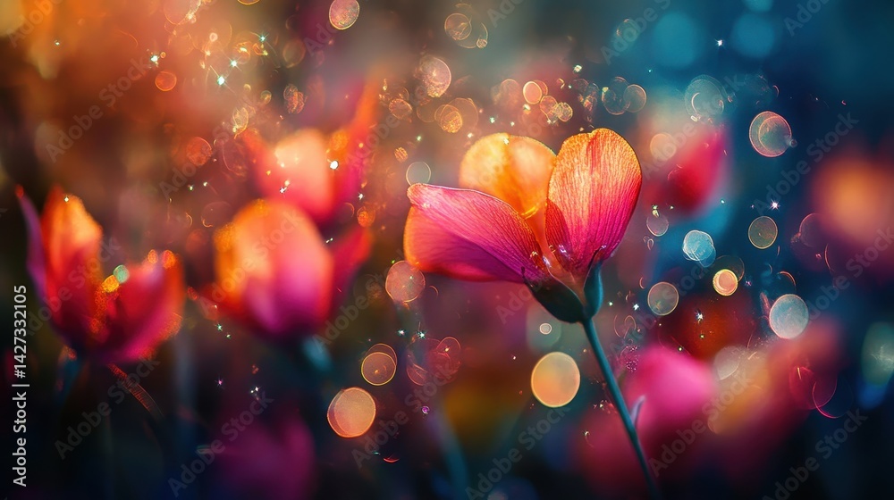 Poster vibrant pink flowers glisten with dew in a dreamy garden setting during the golden hour, creating a 