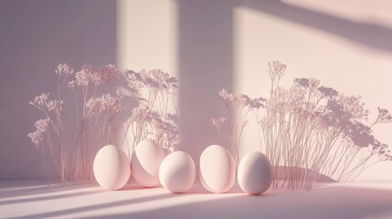 Fototapeta premium Soft pastel background with minimalist Easter egg composition and subtle floral shadows