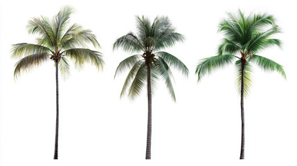 Obraz premium Three isolated coconut palm trees with lush green fronds stand tall against a clean white background, captu a tropical, tranquil, and summery vibe perfectly.