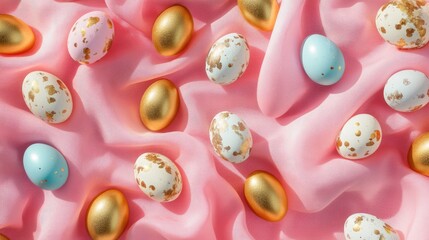 Top-down shot of assorted Easter decorations on pink fabric background with subtle light
