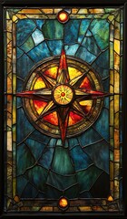 Vibrant stained glass window featuring a detailed compass rose design, blending colors of blue, yellow, and red.