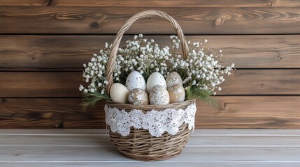 Obraz premium Vintage-style basket wrapped with lace and ribbon, filled with handcrafted Easter eggs
