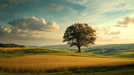 Fototapeta premium Enchanting landscapes in golden hours, a solitary tree watches over vast fields