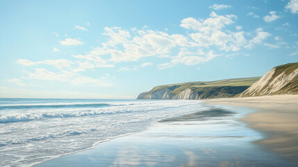 Fototapeta premium Serene beach with clear skies and gentle waves, Generative AI