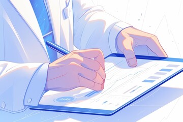 A doctor analyzes charts and writes on a clipboard with a pen