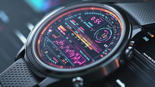Tech Timepiece: Futuristic smartwatch with vibrant display, a seamless integration of technology and elegance, showcasing information in an intuitive interface.