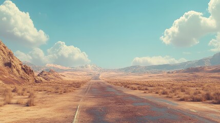 Naklejka premium A desolate desert highway leading into the distance with mountains and blue sky