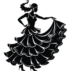 Flamenco Dancer Silhouette: Elegant Spanish Woman in Ruffled Dress, Traditional Dance Art, Black and White Illustration, Cultural Performance