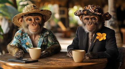 Two stylish monkeys enjoying coffee at an outdoor cafe One wears a Hawaiian shirt the other a suit