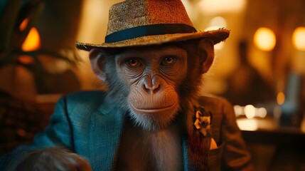 Sophisticated Chimpanzee in a Stylish Hat and Suit Jacket at a Luxurious Restaurant