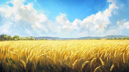 Golden Wheat Field under a Summer Sky Artistic Painting Rural Landscape Idyllic Scenery Serene Nature Vibrant Yellow Hues Sunny Day Peaceful Countryside Beautiful Wheat Stalks Farmland Scenery        